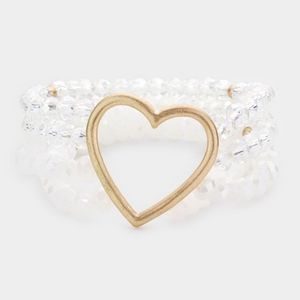 White Beads Stretch MultiLayered Heart Gold Bracelet Fashion Statement Jewelry